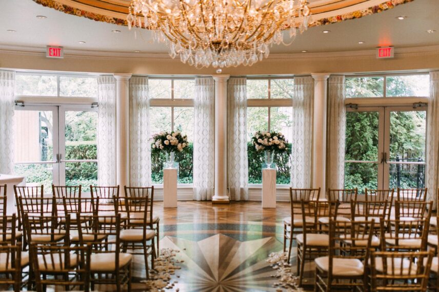 The Atrium set up for a wedding ceremony at the Queen’s Landing hotel.