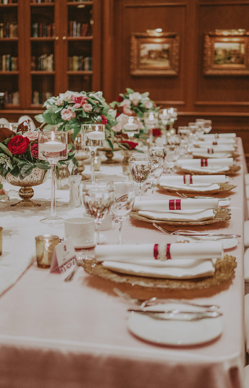 Reception table setting in Three Feathers at the Prince of Wales Hotel in Niagara-on-the-Lake